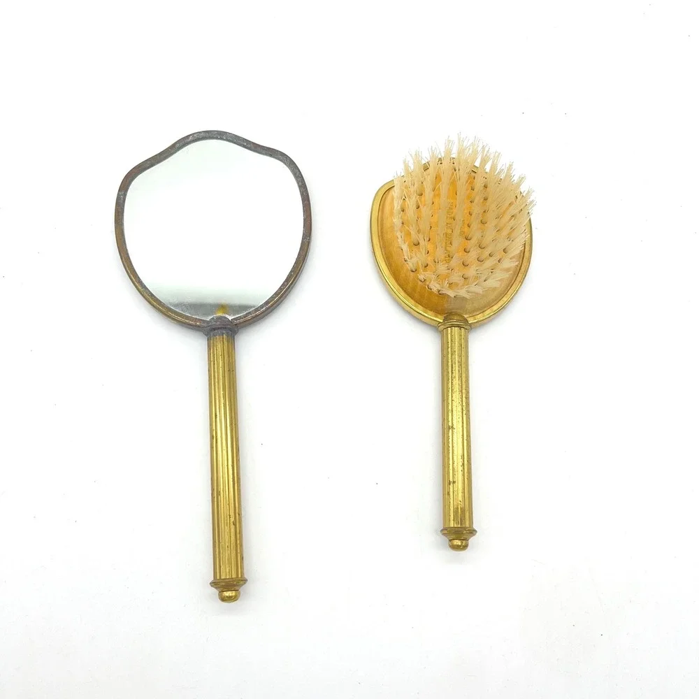 Vintage England Gold Tone Floral Brocade Hand Mirror and Brush Vanity Set